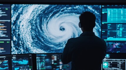 An AI powered weather prediction system analyzing satellite data to forecast severe weather events and improve early warning systems, Meteorological technology style, photo of