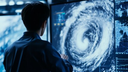 An AI powered weather prediction system analyzing satellite data to forecast severe weather events and improve early warning systems, Meteorological technology style, photo of