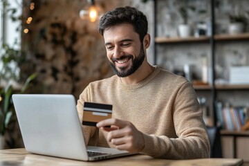 Smiling Portuguese 40s man doing online shopping at home, sit at table with laptop, hold debit or credit card, buying gifts, spend money, making quick transactions. Cashless payments via marketplace