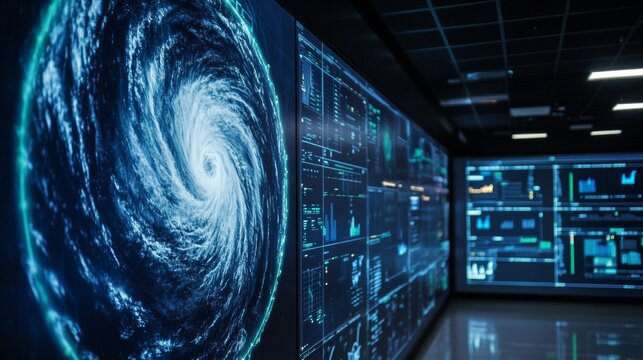An AI powered weather prediction system analyzing satellite data to forecast severe weather events and improve early warning systems, Meteorological technology style, photo of