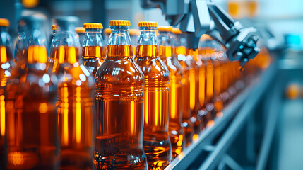 A visually striking assembly line featuring rows of bright orange beverage bottles, showcasing automated production in a modern environment.