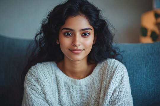 Head shot of beautiful young Indian woman sitting alone on sofa at home, posing for camera exude optimism, positive mood. Generation Z female, profile picture, portrait of virtual meeting participant