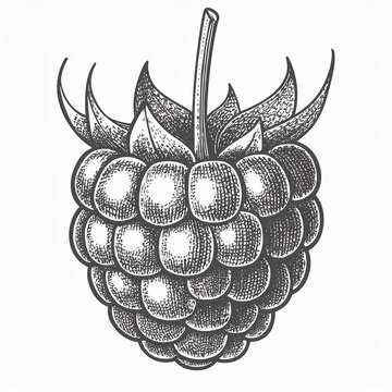 Raspberry Black and white hand drawn image, Isolated on White Background