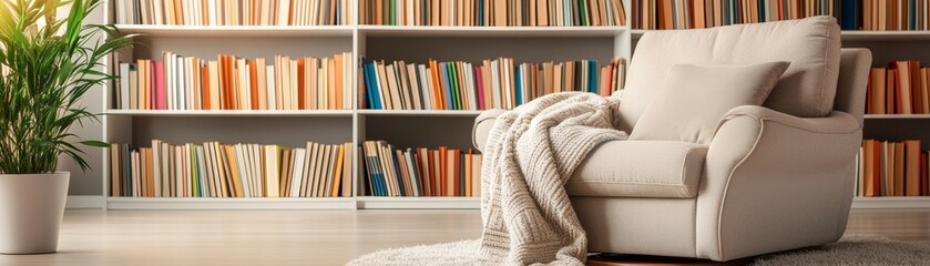 Contemporary reading corner with a plush recliner, large book collection, and a soft throw blanket