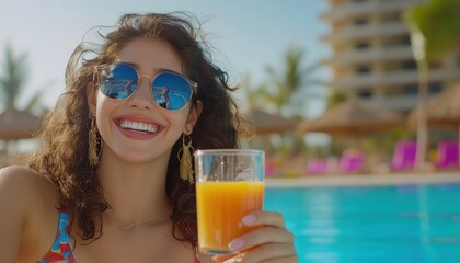 Woman drinking juice by pool enjoying vacation