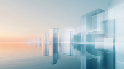 Futuristic landscape reflection urban city digital art serene environment aerial view abstract conceptualization