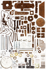 A group of various old and new bits and pieces arranged on white. Old rusty nuts, bolts, nails and...