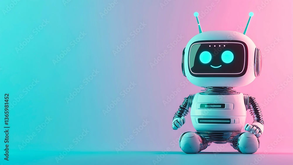 Poster a friendly robot with a cute face in a studio setting. the robot has a body and antennas