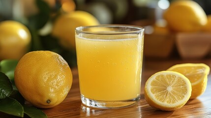 A close-up of freshly pressed lemon juice in a clear glass with lemon wedges beside it
