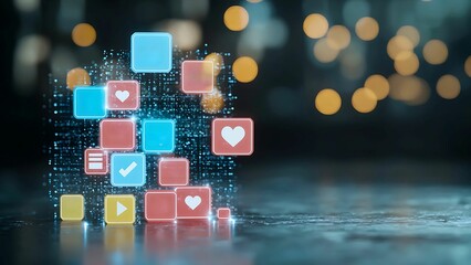 Digital floating media icons representing the different digital media. Symbols on a reflective surface with out-of-focus lights in the background