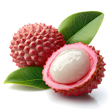 Fresh lychee fruit with green leaves showing pulp