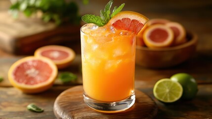 A fresh and tangy blend of grapefruit, lemon, and lime juice served in a glass with a mint garnish