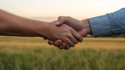 Two hands shaking in field during sunset, symbolizing agreement and partnership. warm colors evoke sense of unity and collaboration