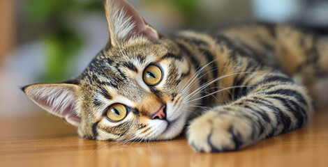 Beautiful tabby cat with golden eyes lying on a wooden surface, gazing curiously. Blurred green and brown background. Concept of relaxation, pets. Ai generative