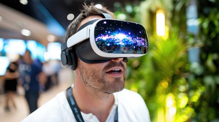 Man Experiencing Virtual Concert in VR Headset