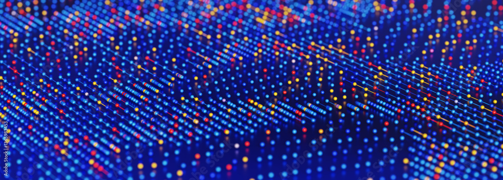 Poster abstract digital background with blue, red, and yellow binary code dots in a grid on dark blue, symb