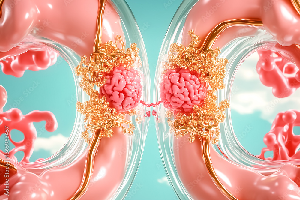 Poster abstract digital art shows interconnected structures resembling brains with vibrant pink and gold el