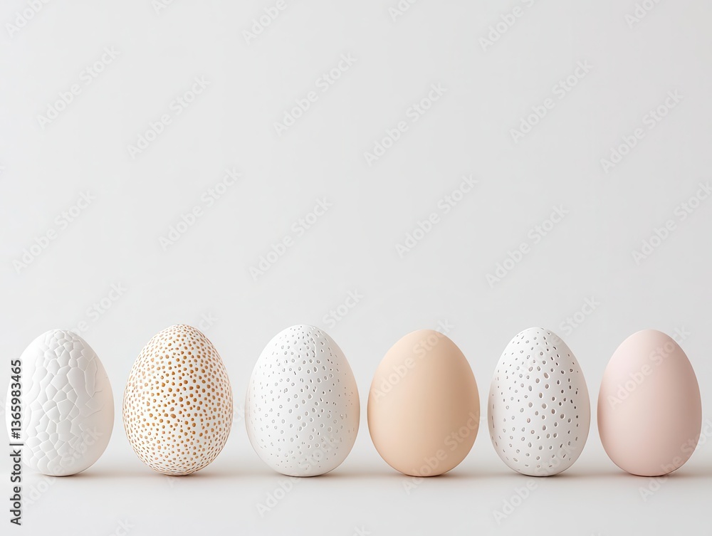 Poster minimalist design features intricately patterned eggs on a clean surface, inviting viewers to apprec