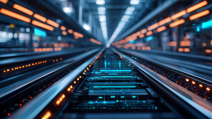Fototapeta premium A futuristic perspective of illuminated tracks leading into the distance, featuring technology and a digital aesthetic.