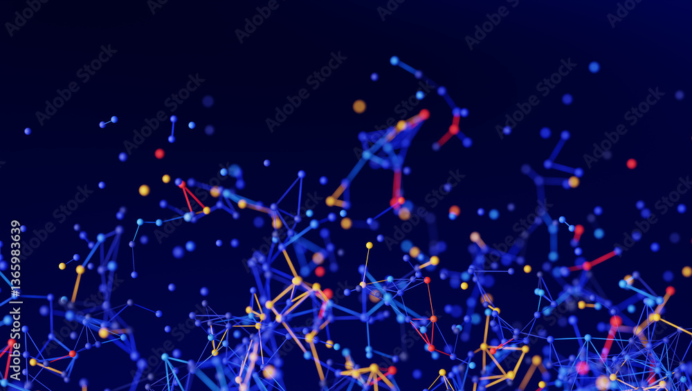 Poster complex 3d render of an abstract network with interconnected dots and lines on a dark blue technolog