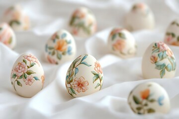 Fototapeta premium Luxurious textiles form a backdrop for intricately painted Easter eggs, showcasing Thai heritage while leaving room for creative text.