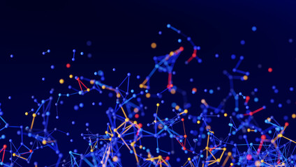 Fototapeta premium Complex 3D render of an abstract network with interconnected dots and lines on a dark blue technology background, illustrating data and connection structures. 3D render.