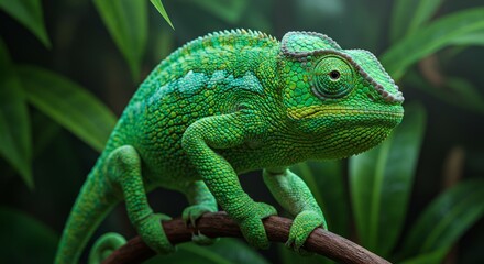 Obraz premium Vibrant green chameleon clinging to a branch amidst lush foliage closeup