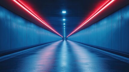 Neon tunnel, futuristic, pathway, city, nighttime, empty, light, illumination,  ideal for product launch, presentation