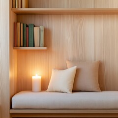 Farmhouse reading nook with a cushioned bench, wooden bookshelves, and soft candle glow