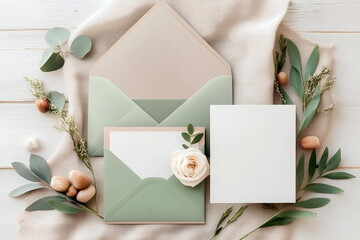 Elegant wedding invitation mockup with green envelopes and flowers, layout with copy space
