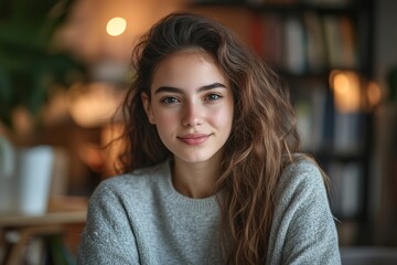 Independent and confident millennial. Head shot portrait profile picture at social media of young casual beautiful woman student freelance worker posing at home looking at camera talking by video call
