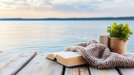 Fototapeta premium Lakeside reading retreat with a rustic wooden dock, cozy blanket, and peaceful water view