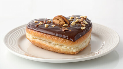 Donut in the shape of a heart, with chocolate icing, with nuts, on a white plate