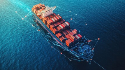 A futuristic AI powered autonomous cargo ship sailing across the ocean, massive vessel with digital route optimization, Maritime technology style