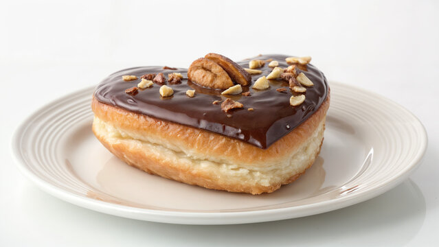 Donut in the shape of a heart, with chocolate icing, with nuts, on a white plate