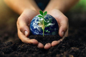 Hands gently hold a miniature Earth with a small sprout emerging from soil, symbolizing environmental care, growth, and sustainability, a powerful image for eco-conscious projects