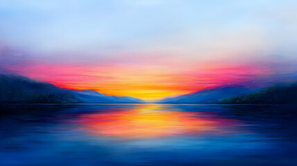 Obraz premium Vibrant Sunset Over Serene Lake Reflecting Colorful Sky with Orange Pink and Blue Hues Between Mountain Silhouettes