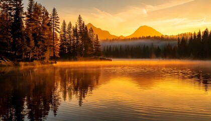 Fototapeta premium Golden Hour Mist Over a Mirror-Like Lake