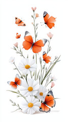 Naklejka premium beautiful watercolor illustration featuring vibrant orange butterflies among delicate white flowers, Watercolor illustration