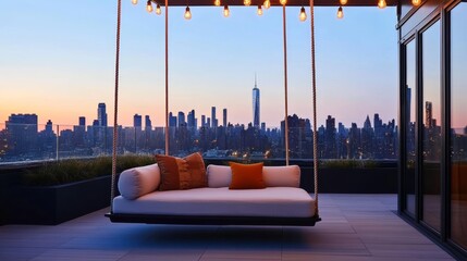 Rooftop terrace reading nook with a swinging daybed, city skyline views, and warm string lights