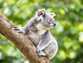 Fluffy koala clinging to a tree branch, gazing into the distance with a curious expression, set against a softly blurred green foliage background. Ai generative