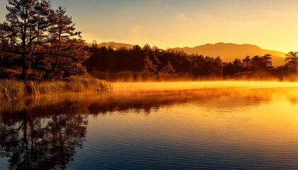 Fototapeta premium Golden Hour Mist Over a Mirror-Like Lake