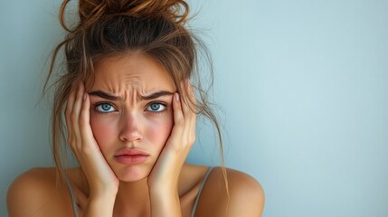 Portrait of a young woman with bun hairstyle touching her face with hands, feeling stressed and anxious, with wrinkled forehead. Ai generated