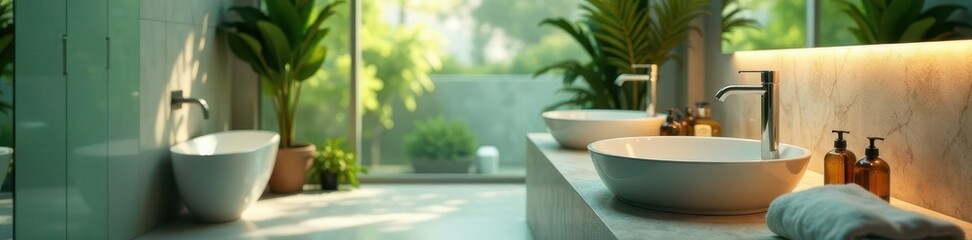 Fototapeta premium Serene spa bathroom, modern fixtures, blurred background, home, luxury, style