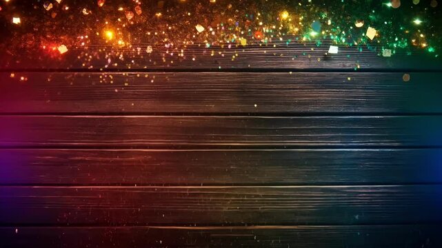 Colorful glitter confetti on wooden background with vivid sparkle