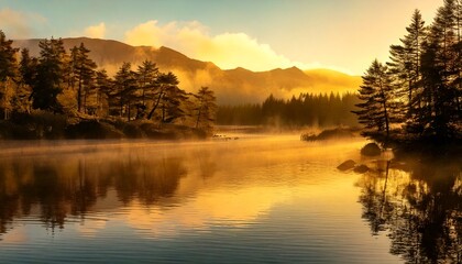 Fototapeta premium Golden Hour Mist Over a Mirror-Like Lake