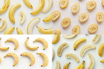 slices and peal of bananas on the white background