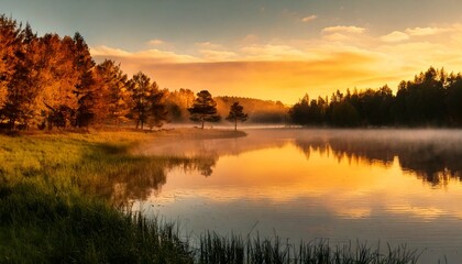 Golden Hour Mist Over a Mirror-Like Lake
