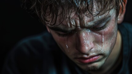 Close-up of a young man with sweat and tears running down his face, expressing sadness and despair. Ai generated