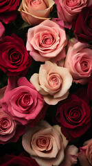 Obraz premium Close-up of pink and red roses, showcasing various shades and textures, symbolizing romance, love, and Valentine's Day